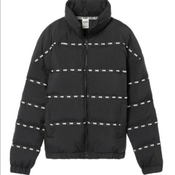 Victoria's Secret PINK Down Puffer Coat Winter Logo Black Zip Jacket Coat XS - Picture 2 of 8
